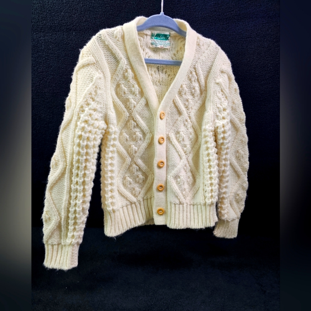 PRISTINE Robinit Cream Cableknit Kids VTG Fisherman Cardigan Sweater Size M 5/6